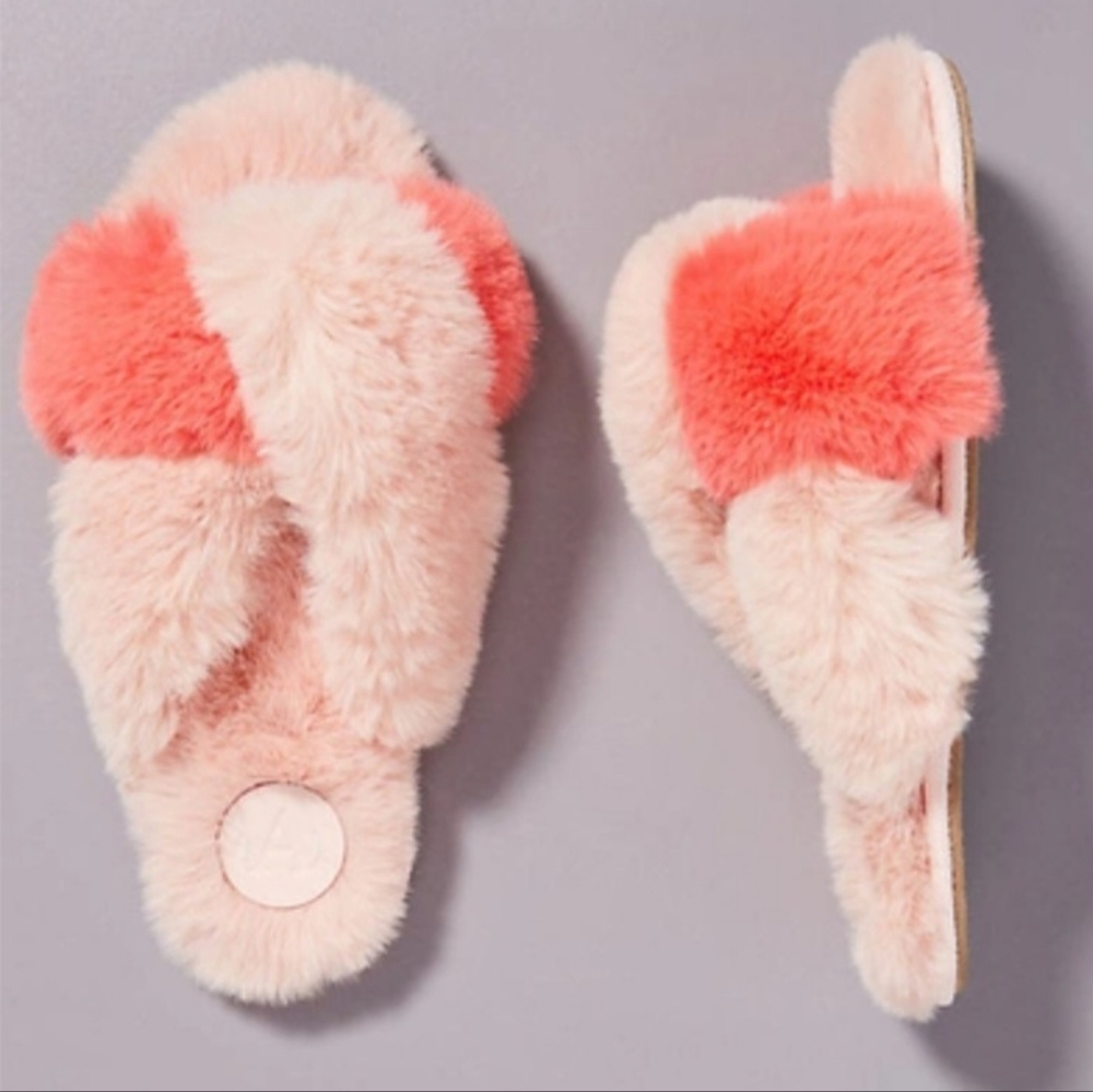 Anthropologie Lexie Fluffy Pink and Coral Open Toe Slippers
